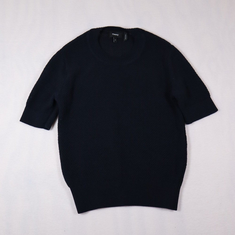Theory Shrunken Tee Sweater Size P Navy Blue Knit Minimalist Chic Mod Casual